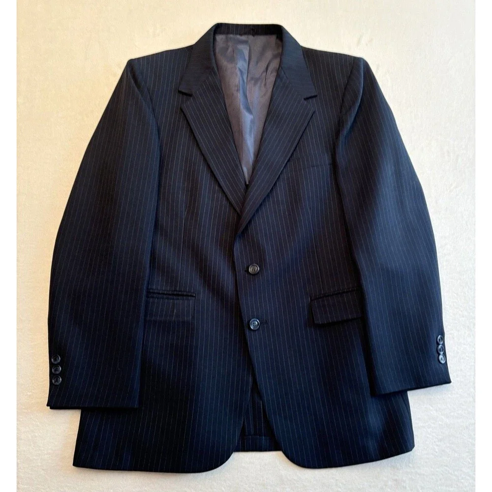 JCPenney The Men’s Shop Pinstripe Suit 44R 36x31 Navy 2 Button Wool Blend